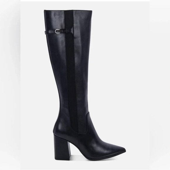 AQUA COLLEGE Womens Black Ireland Toe Stacked Heel Leather Heeled Boots